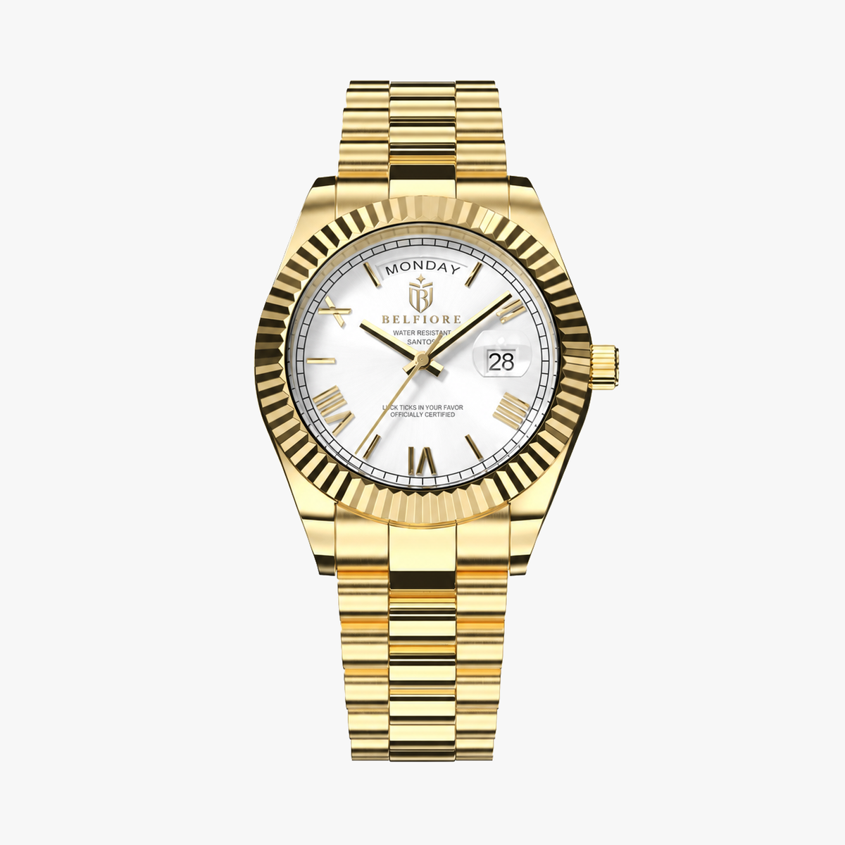 Marco Belfiore Santos men's stainless steel quartz watch, Roman numeral dial and fluted bezel, White / Gold colorway