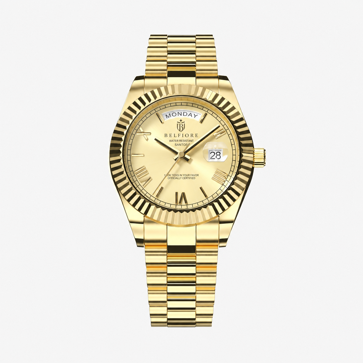 Marco Belfiore Santos men's stainless steel quartz watch, Roman numeral dial and fluted bezel, Champagne / Gold colorway